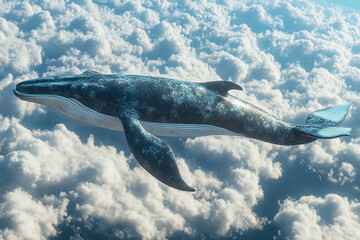 Fototapeta premium Majestic flying whale glides effortlessly among fluffy white clouds in a breathtaking sky