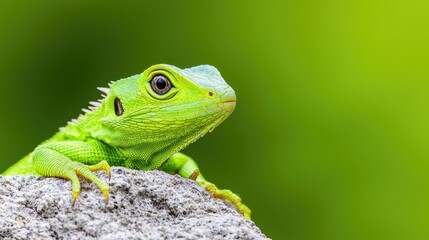 Obraz premium Green lizard on rock, lush background, wildlife