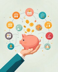bahan adobe stock 4 x 5 - A conceptual illustration of personal finance management. A hand holding a piggy bank with coins falling into it, surrounded by icons of budgeting, savings, and expenses.
