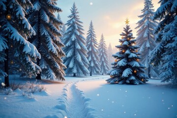 snow-covered forest with a Christmas tree in the distance, winter landscape, stillness, trees