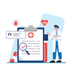 A doctor examines a medical report alongside blood test results and patient information Great for healthcare websites and medical publications