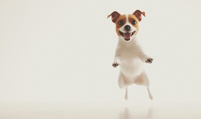 Playful Jack Russell Terrier jumping with joy on a simple background, ideal for pet-related projects
