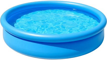 Blue inflatable swimming pool filled with clear water, round plastic backyard pool, summer outdoor fun, portable kids and family water play pool