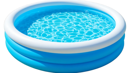 Blue inflatable swimming pool filled with clear water, summer outdoor backyard pool, refreshing water play, plastic round portable pool for kids and family