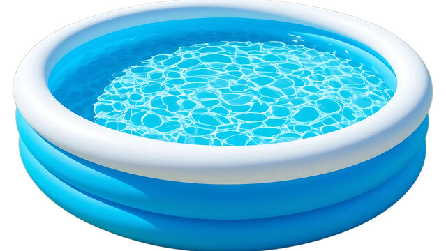 Blue inflatable swimming pool filled with clear water, summer outdoor backyard pool, refreshing water play, plastic round portable pool for kids and family - Powered by Adobe