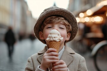 A small child happily licks a melting ice cream cone while standing on a cobblestone street. Softly blurred market stalls and vintage bicycles create a charming backdrop