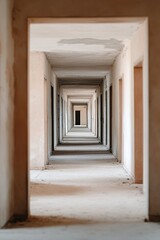 A long corridor stretches forward, lined with numerous doors. Some doors stand ajar, hinting at choices and mysteries waiting to be uncovered in the dim light