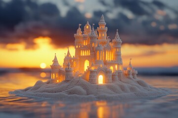 Naklejka premium Sandcastle masterpiece glows at sunset on a beach with crashing waves