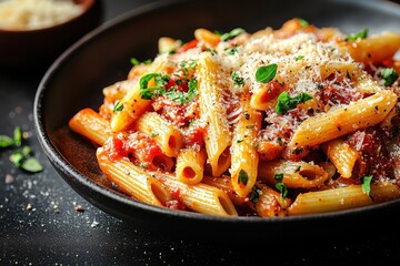 Delicious plate of penne pasta with tomato sauce, herbs, and cheese on a black surface