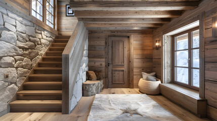 Wooden staircase and stone cladding wall in rustic hallway. Cozy home interior design of modern entrance hall with door. Created with