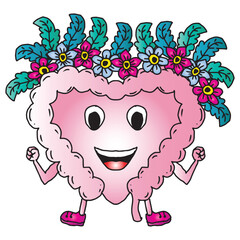 Cute heart intestines with flowers crown kawaii character vector illustration design