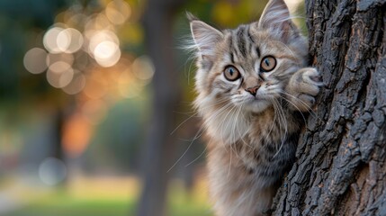 Playful kitten climbing a tree in a serene park during golden hour with blurred background
