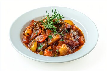 Hearty beef stew with root vegetables and fresh rosemary on a white plate cuisine