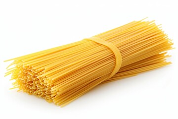 Bunch of Raw Spaghetti Noodles Tied with Rubber Band on White Background in Studio Shot