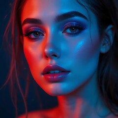 Stunning Woman Portrait Red Blue Neon Light Makeup