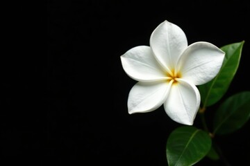 Fototapeta premium Single white gardenia flower with large leaves on black, floral motif, , single bloom