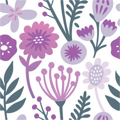 Pattern of  seamless flowers. Abstract purple wildflowers patternon white background. style for fashion print, fabric print, banners, wallpaper, posters, online shopping.Vector illustration design.