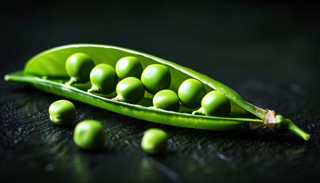  The pea pod is bright green in color, filled with green peas. The pod is located on a dark surface