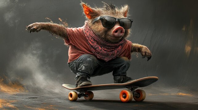 Skilled skateboard pig showcases urban flair in a stylish outfit near a graffiti wall