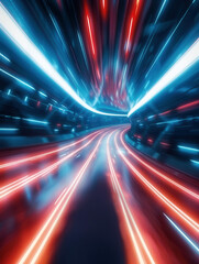 Futuristic neon highway with blurred light trails in motion