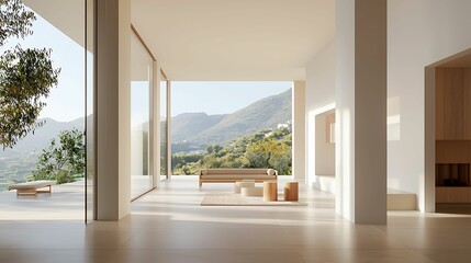 Fototapeta premium minimalist, living room, interior, design. A modern, spacious interior opens to scenic mountains, featuring large windows and minimalist design for a serene atmosphere.