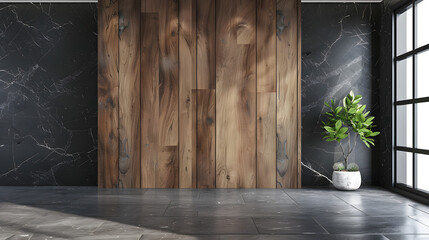 Wooden wardrobe against black marble wall in minimalist style interior design of modern bedroom