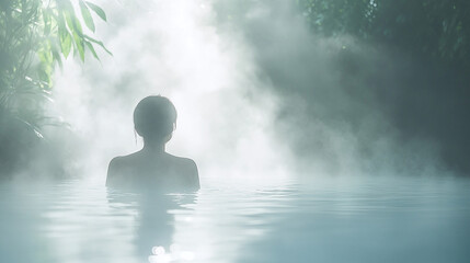 Obraz premium A woman basks in gentle mist, with sunlight and bokeh effect creating a serene and refreshing atmosphere.