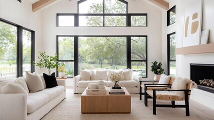 minimalist, living room, interior, design. A bright, airy living room featuring large windows, modern furniture, and a neutral color palette, creating a warm and inviting atmosphere.