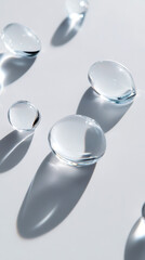 Minimalist water droplets with shadows on a light surface