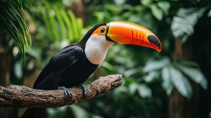 Naklejka premium Colorful toucan perched on a branch in lush rainforest.