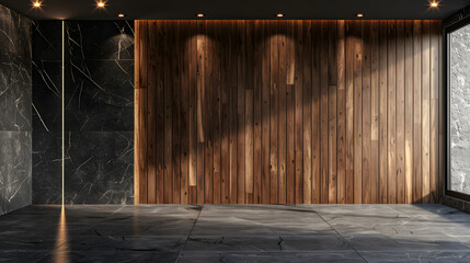 Wooden wardrobe against black marble wall in minimalist style interior design of modern bedroom