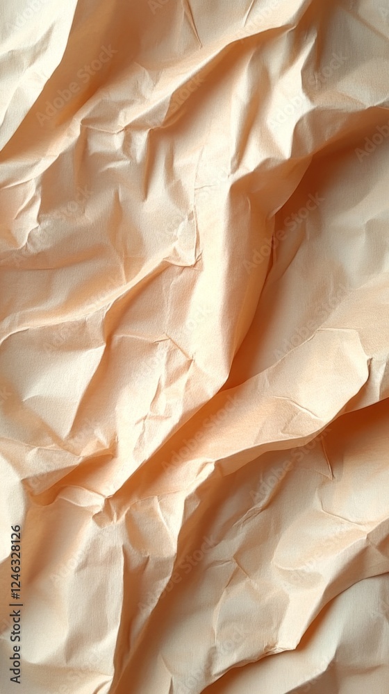 Poster Crumpled and wrinkled sheets of soft peach paper create a visually rich texture, enhancing the warmth of any artistic presentation or design project