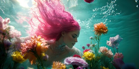 This dreamy underwater photograph portrays a woman drifting among vibrant blossoms, capturing a surreal essence of beauty, emotion, and ethereal freedom in a serene tableau.