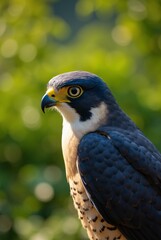 Fototapeta premium A Majestic Peregrine Falcon With Intense Eyes Perched Against a Blurred Green Background.