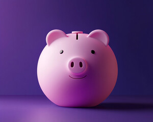 Pink piggy bank illuminated by soft purple light, financial savings concept, childhood money management, personal finance awareness