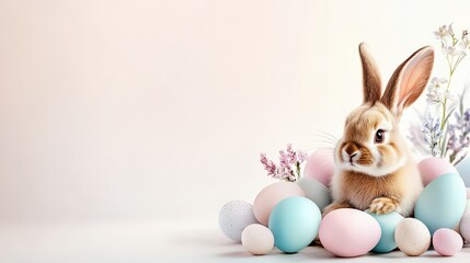 Obraz premium This charming image depicts a baby bunny resting among pastel Easter eggs and delicate flowers, capturing the spirit of the season with warmth and joy.