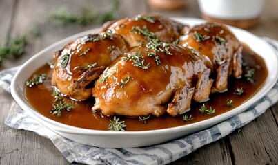 Roasted quail in a rich sauce, garnished with thyme, served on a platter