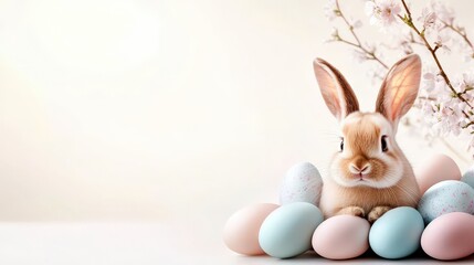 Obraz premium A delightful bunny sits among pastel-colored Easter eggs, embodying the essence of spring celebrations. The soft background enhances the charm of this festive scene beautifully.