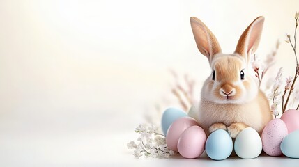 This enchanting image features a sweet bunny nestled amongst pastel eggs and delicate blossoms, portraying a heartwarming Easter ambiance perfect for seasonal celebrations.