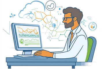 Fototapeta premium Researcher Analyzing Data on Computer in Modern Laboratory Setting