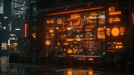 Futuristic shop window displays data.