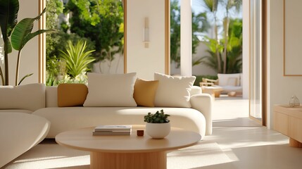 minimalist, living room, interior, design. A bright, modern living room featuring a cozy sofa, stylish decor, and lush greenery, creating a serene and inviting atmosphere.