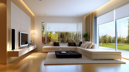 Fototapeta premium minimalist, living room, interior, design. A modern, open living room with large windows, a sleek sofa, and a minimalist design, showcasing natural light and greenery outside.