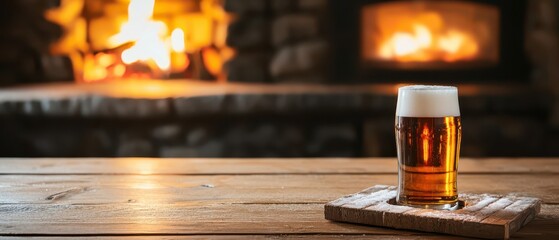 Cozy snowy cabin interior featuring craft beer on a wooden table. Alcoholic brewed beverage.