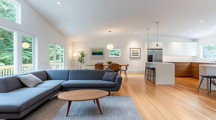 Fototapeta premium minimalist, living room, interior, design. A modern, airy living space featuring a gray sectional sofa, wooden table, and large windows that invite natural light.