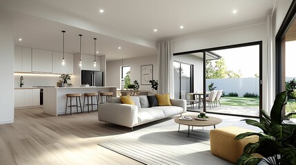 minimalist, living room, interior, design. A modern, airy living space featuring a cozy sofa, sleek kitchen, and large windows opening to a garden, creating a bright and inviting atmosphere.