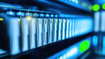 Secure telecom server room with high-tech infrastructure and glowing blue lights, focusing on data protection.
