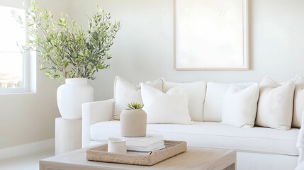 Naklejka premium minimalist, living room, interior, design. A bright, minimalist living room featuring a white sofa, decorative pillows, a wooden coffee table, and lush green plants.