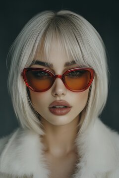 Stylish model showcasing trendy red sunglasses and chic hairstyle against a dark backdrop
