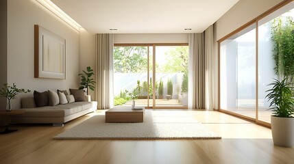 Fototapeta premium minimalist, living room, interior, design. A bright, modern living room featuring large windows, a minimalist design, and neutral colors, creating a serene and inviting atmosphere.